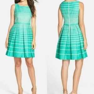 Just Taylor Green and White Striped Midi Fit and Flare Dress Size 6